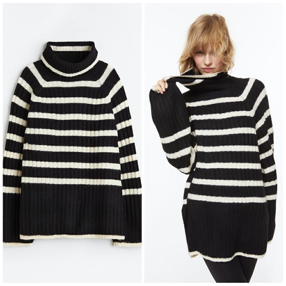 H&M Striped Rib-knit Turtleneck Sweater